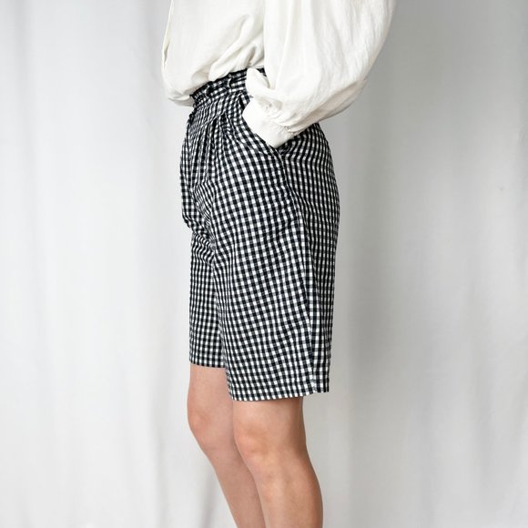Vintage High Waisted Gingham Plaid Pleated Long Mom Shorts Bermuda Picnic Check - Picture 5 of 8